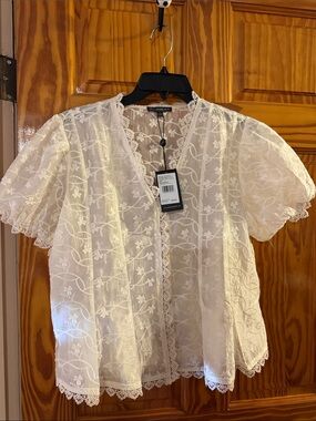 Adrianna Papell Ivory Embroidered Lace-Trim Short Sleeve Blouse